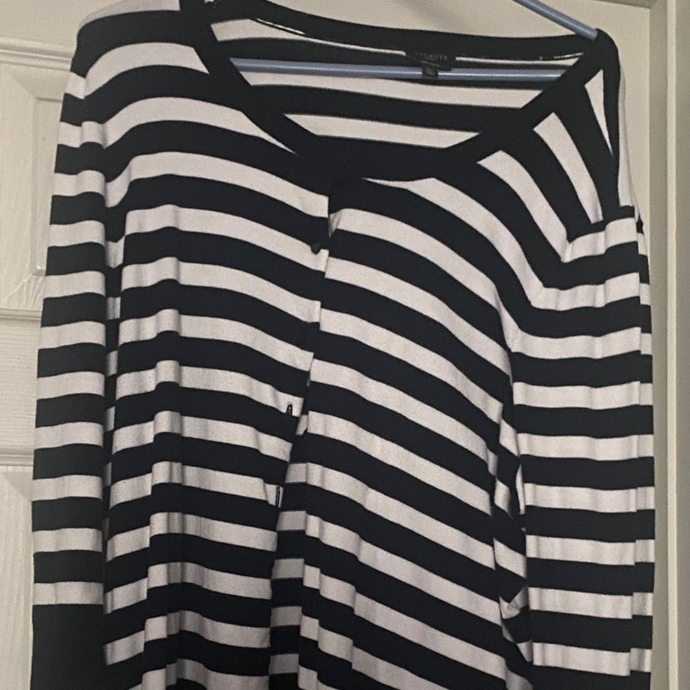 Talbots Blue and White Striped Cotton Cardigan Sweater